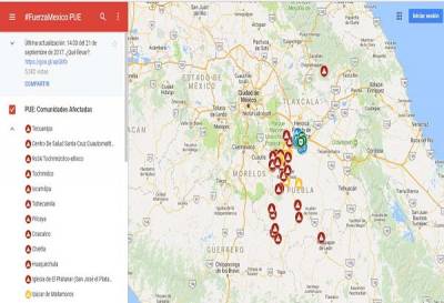 Google elabora mapa de los municipios de Puebla más afectados por el sismo