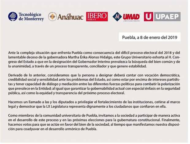 Gobernador interino que no polarice, piden universidades privadas de Puebla