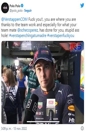 Polo Polo: Fuck you¡ Verstappen, su último tweet fue en apoyo al Checo Pérez