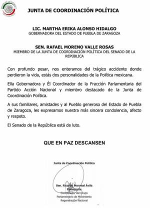 Senado se declara en luto por muerte de Alonso y Moreno Valle