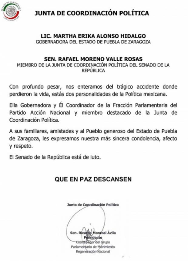 Senado se declara en luto por muerte de Alonso y Moreno Valle