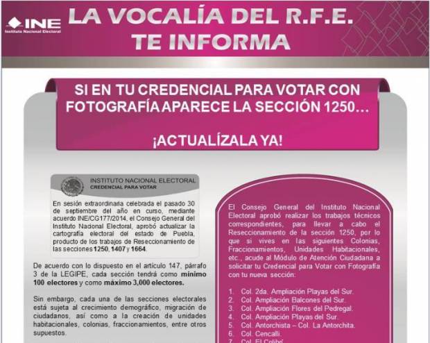 INE: 148 colonias de Puebla obligadas a renovar credencial de elector