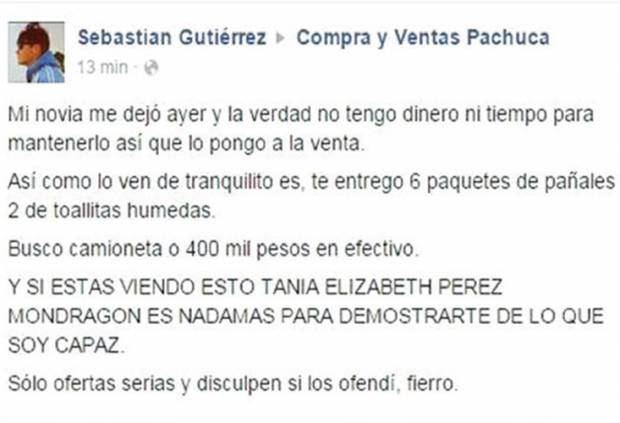 Puso en venta a su hijo en Facebook por 400 mil pesos o una camioneta