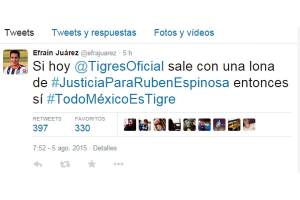 Efraín Juárez causó polémica en Twitter por #JusticiaparaRubenEspinosa y #Tigres