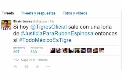 Efraín Juárez causó polémica en Twitter por #JusticiaparaRubenEspinosa y #Tigres