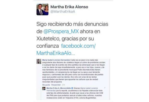 Martha Erika Alonso recibe vía Facebook denuncias sobre uso electorero de Prospera