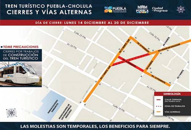 Cierres viales por obras del tren turístico Puebla-Cholula