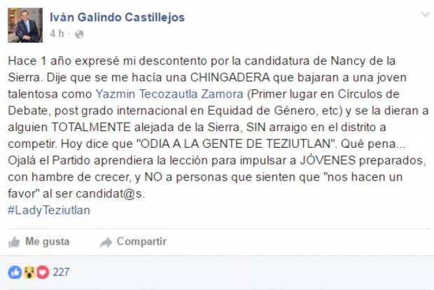 Regidor del PRI censura a Nancy de la Sierra por decir que odia a los teziutecos