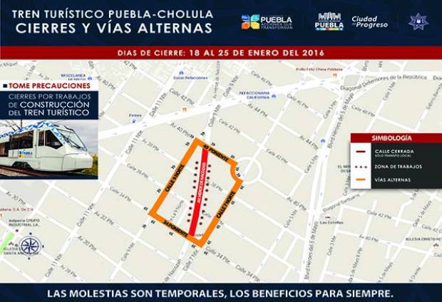 Cierre de circulación sobre Héroe de Nacozari por obras del tren turístico Puebla-Cholula