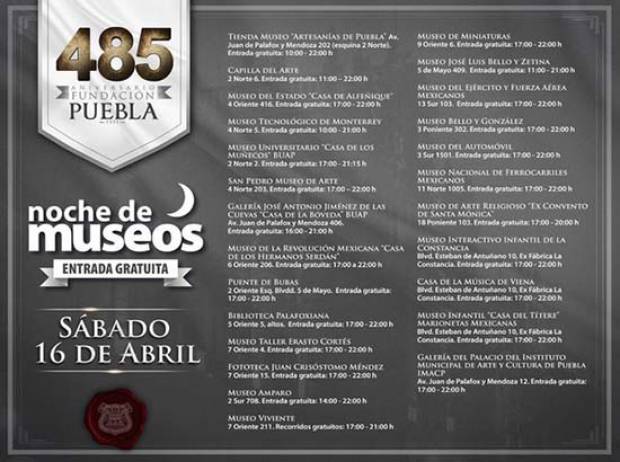 Conoce las sedes de Noche de Museos en Puebla para este sábado 16 de abril