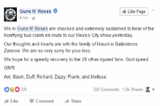 Guns N&#039; Roses envió mensaje a familia de fan mexicano que murió en accidente