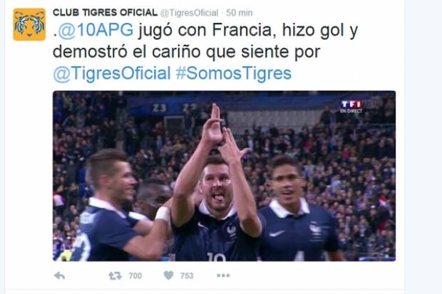 Andre Pierre Gignac anotó con Francia y festejó a lo Tigres