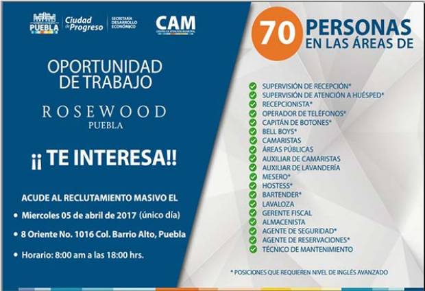Ofrecen 70 plazas de trabajo en ramo hotelero en Puebla