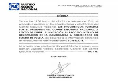 PAN emite convocatoria para elegir a su candidato a la minigubernatura de Puebla