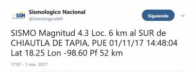 Sismo de 4.3 grados con epicentro en Chiautla de Tapia; no se reportan daños