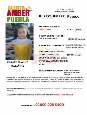 Alerta Amber para niña desaparecida en el conjunto Cipreses de Puebla