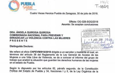 Gobierno de Puebla acepta recomendaciones de la Conavim; tiene hasta enero 2019 para cumplirlas