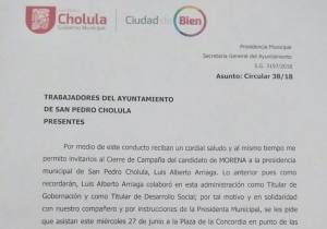 Ayuntamiento de San Pedro Cholula exige a sus trabajadores ir a acto de Morena