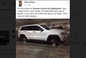 Denuncian robo de llantas en Sonata Lomas de Angelópolis
