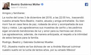 Murió en Puebla la madre de Beatriz Gutiérrez, esposa de AMLO