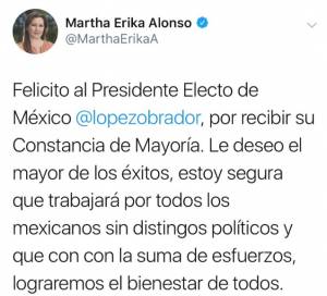 Martha Erika Alonso felicita al presidente electo AMLO