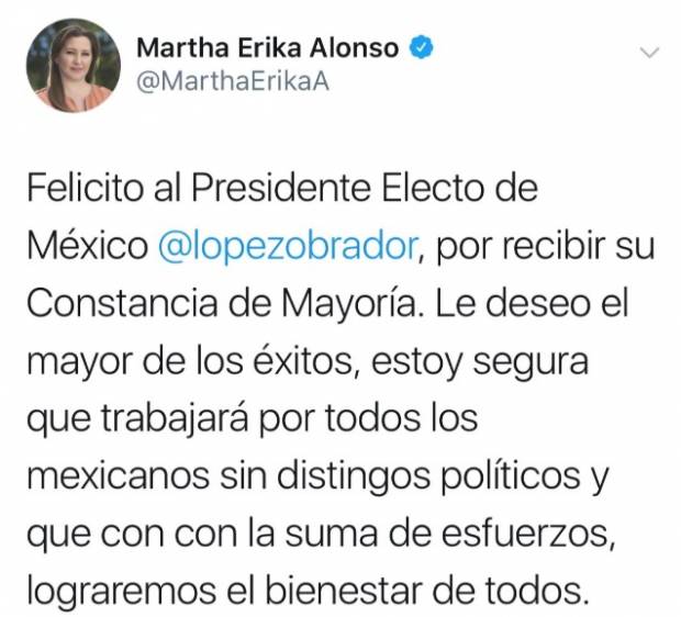 Martha Erika Alonso felicita al presidente electo AMLO