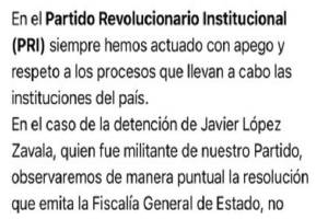 PRI desconoce a López Zavala: &quot;que se aplique el peso de la ley&quot;