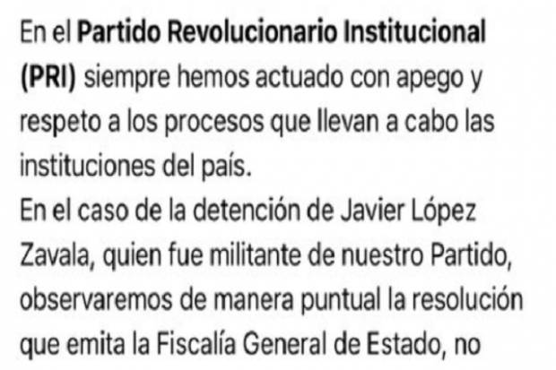 PRI desconoce a López Zavala: &quot;que se aplique el peso de la ley&quot;