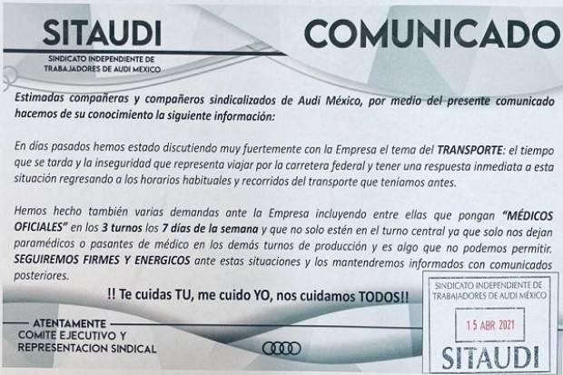 Sindicato de Audi exige a la empresa regreso del servicio de transporte