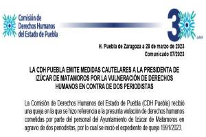 Emite CDH Puebla medidas cautelares contra alcaldesa de Izúcar por agresión a periodista