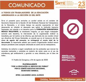 Santander hizo retenciones indebidas a nómina de maestros: SNTE 23