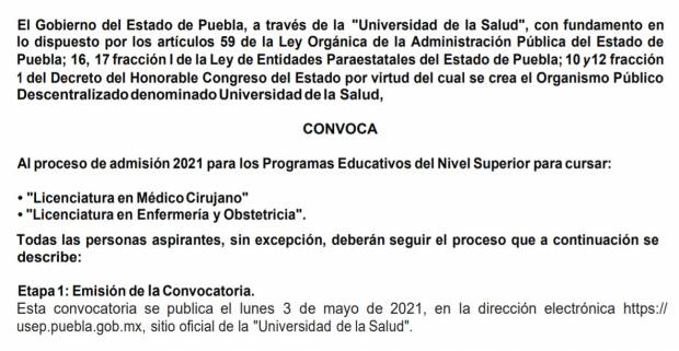 Universidad de la Salud del Estado de Puebla abre convocatoria de admisión 2021