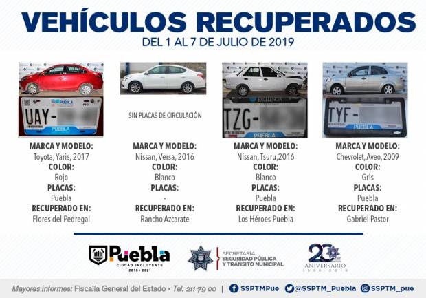 Localizan cinco vehículos con reporte de robo en Puebla