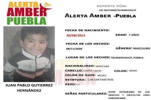 Alerta Ámber para localizar a Juan Pablo, menor extraviado en Tecamachalco