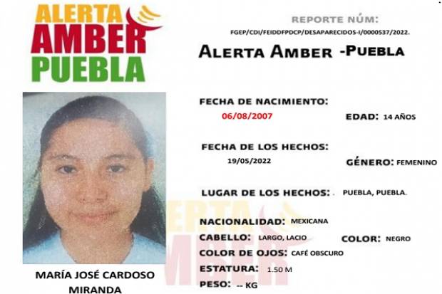 Activan Alerta Amber en Puebla para localizar a María José Cardozo