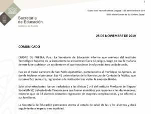 SEP reportó fuera de peligro a 41 estudiantes poblanos accidentados en Tlaxcala