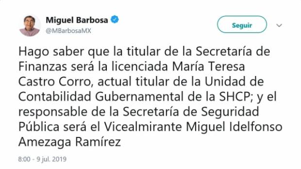 Barbosa cambia a próximo titular de SSP; Teresa Castro, secretaria de Finanzas