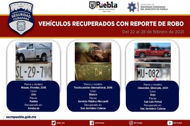 Seguridad Ciudadana localizó seis vehículos con reporte de robo en Puebla