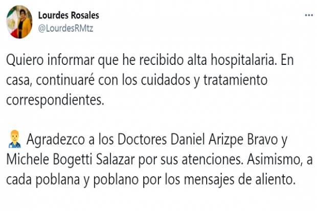 Lourdes Rosales, titular de la SSC Puebla, recibe alta tras hospitalización por COVID