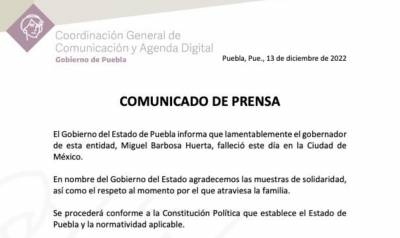 Emiten comunicado oficial sobre la muerte de Miguel Barbosa