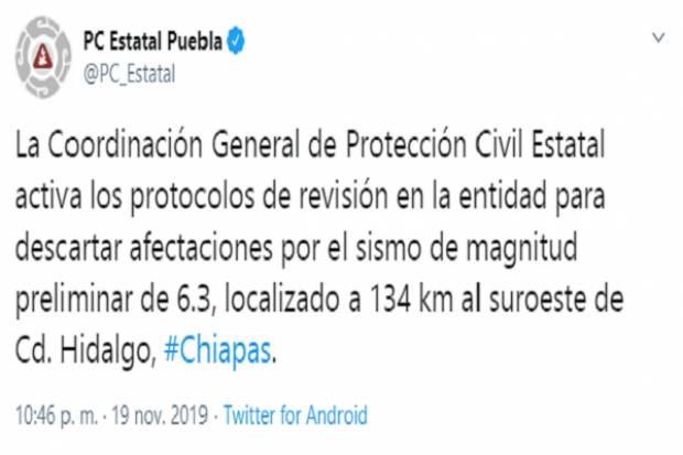 Sismos de 6.4 y 4.9 de magnitud en Chiapas se percibieron en Puebla