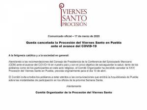 Se suspende la Procesión de Viernes Santo en Puebla: Arzobispo