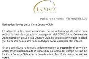 La Vista Country Club suspende actividades para prevenir contagio de COVID-19