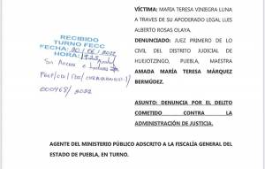 Denuncia contra Juez de Huejotzingo por conductas delictivas en el ejercicio de sus funciones