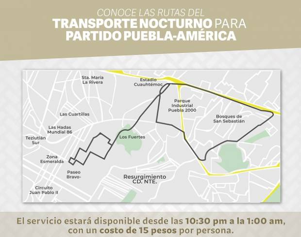 Habrá transporte nocturno para la afición que acuda al partido Puebla vs América