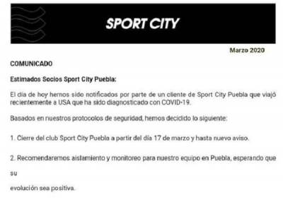 Sport City Puebla suspende actividades por cliente con coronavirus