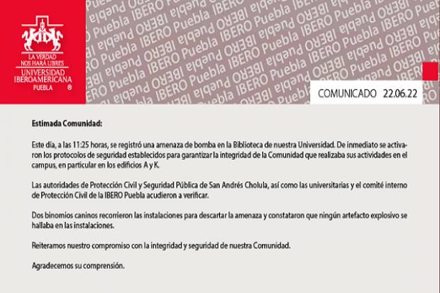 Registran falsa amenaza de bomba en instalaciones de la Ibero Puebla