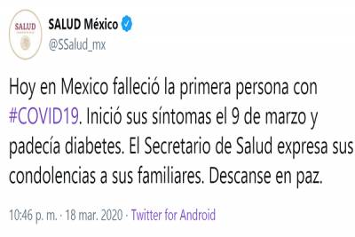 Primer muerto por coronavirus en México, un hombre de 41 años