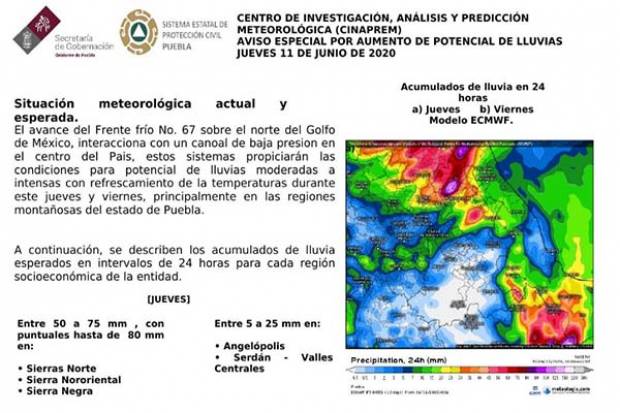 PC alerta sobre posibles inundaciones en las sierras de Puebla