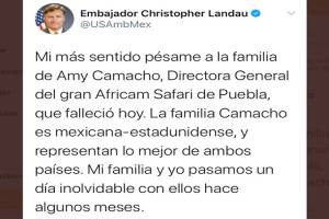 Christopher Landau, embajador de EU en México, lamentó deceso de Amy Camacho